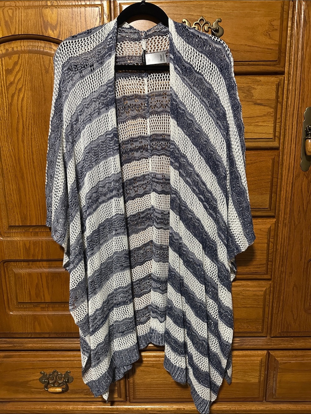 Striped Navy and Cream Open-Knit Cardigan